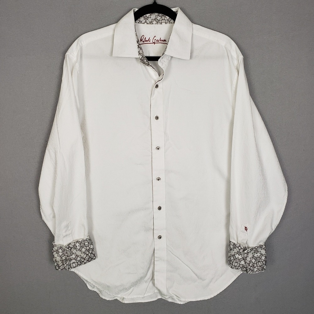 Robert Graham Paisley Cuff White Dress Shirt Long Sleeve Button Up Classic Sz XL